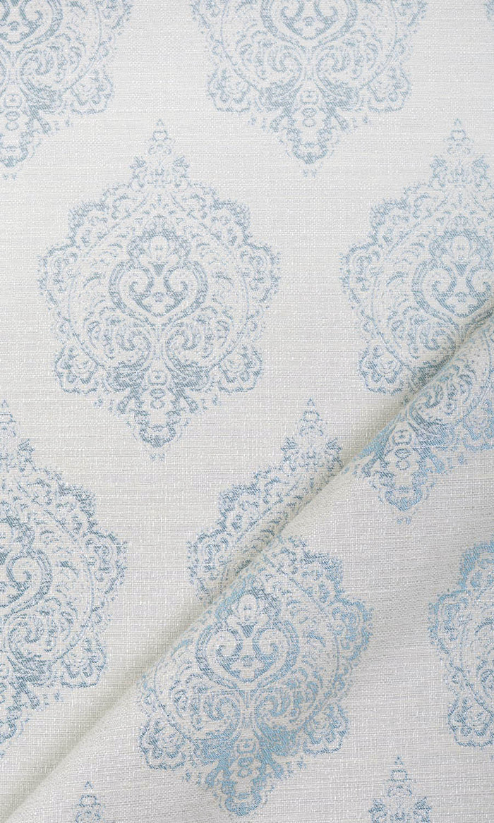 Damask Poly-Cotton Pinch Pleat, Rod Pocket, Eyelet Curtains (White/ Blue)