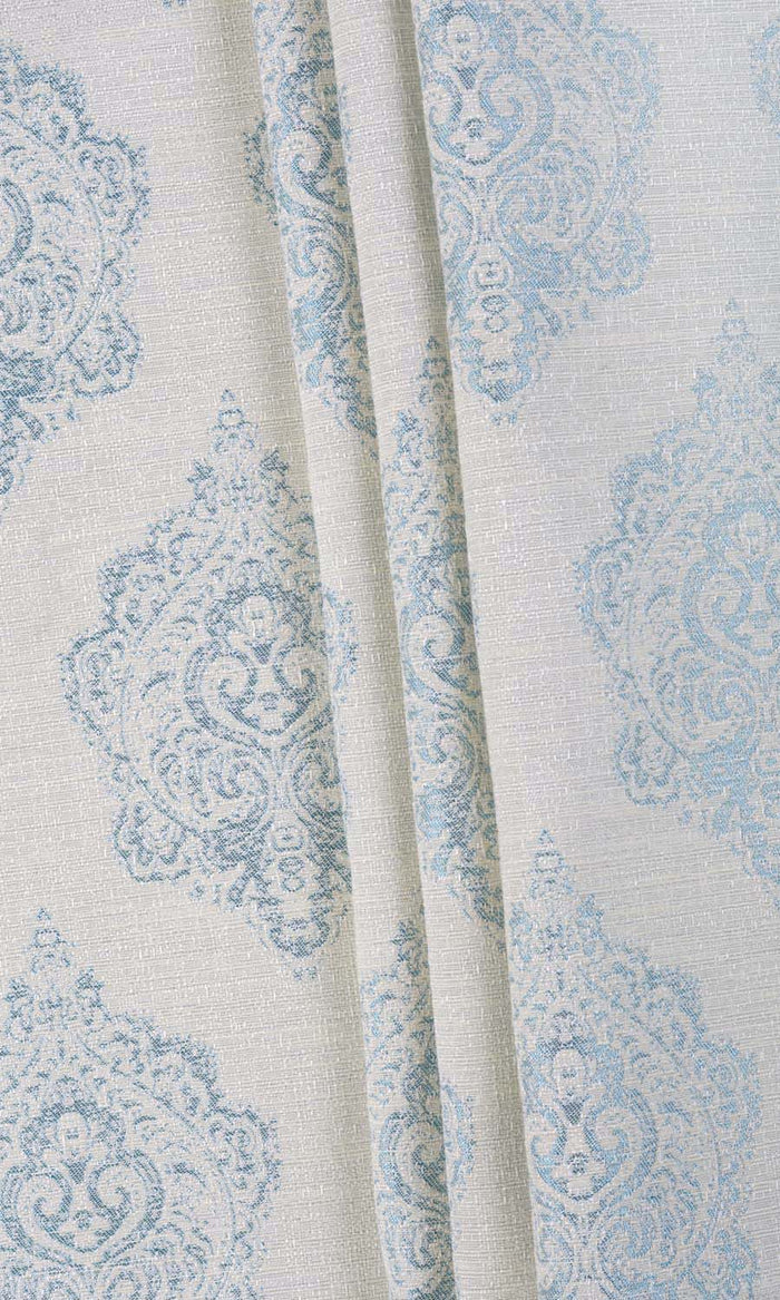 Damask Poly-Cotton Drapes (White/ Blue) Extra Long Short Wide