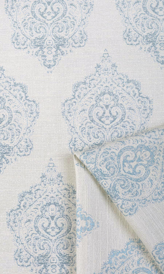 Damask Poly-Cotton Curtains / Drapes / Window Drapery Panels (White/ Blue)