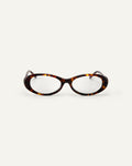 Face shot of Bonnie Clyde Pop Life sunglasses in tortoise with clear lenses.