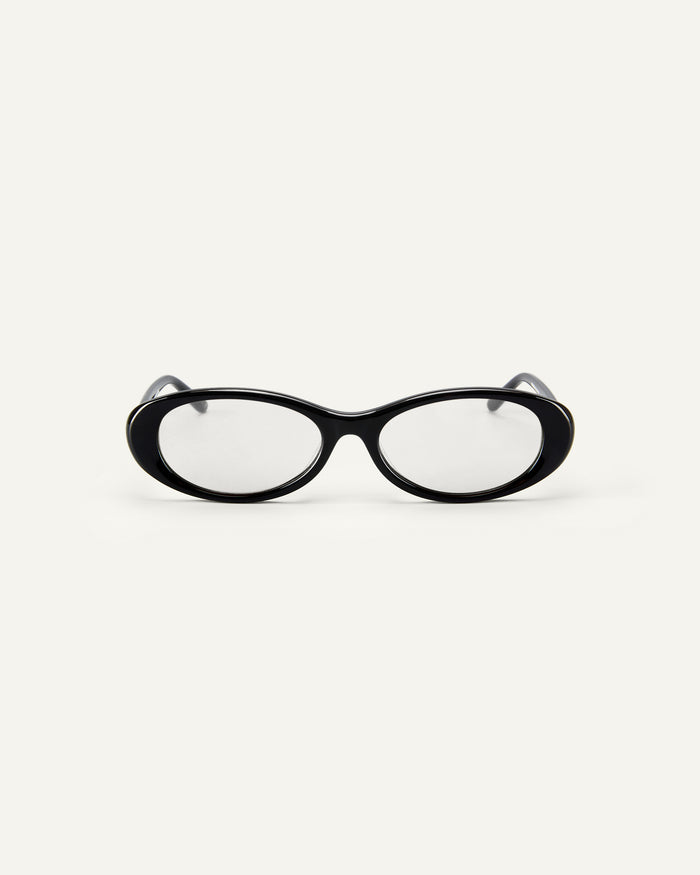 Face shot of Bonnie Clyde Pop Life sunglasses in black with clear lenses.
