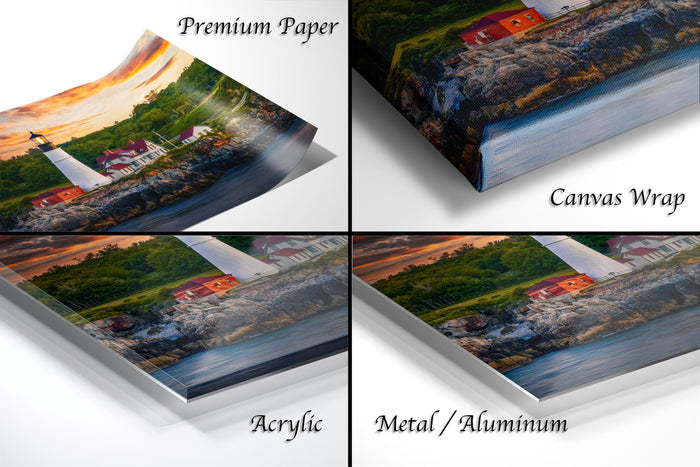 The image is a collage of four different views of a lighthouse, with each view presented in a different medium: acrylic, metal, and canvas wrap.