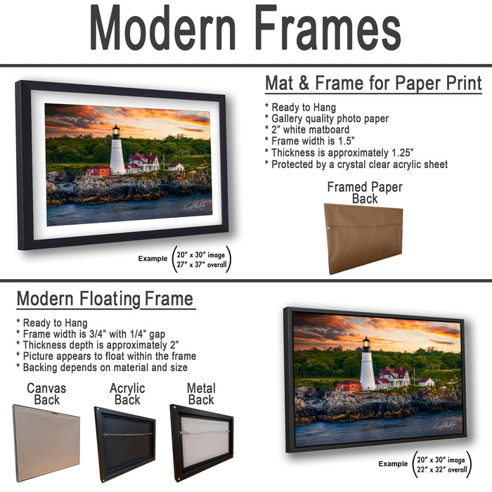 The image is a collage of two framed pictures, one of a lighthouse and one of a sunset over the ocean. The framed picture is a mat and frame for a paper print, while the other is a modern floating frame.