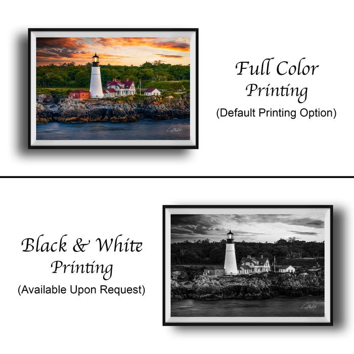 The image is a collage of two framed pictures. The top picture is a full color print of a lighthouse, while the bottom picture is a black and white print of the same lighthouse. Both pictures are framed and displayed side by side.