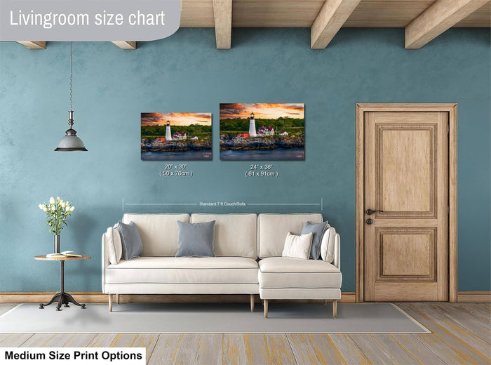 a living room with a white sofa, a wooden door, and a painting of a lighthouse on the wall. The painting is of medium size, and the living room appears to be designed for a comfortable and relaxing atmosphere.