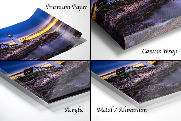 The image is a collage of four different images, each depicting a lighthouse at sunset. The images are labeled as "Premium Paper", "Canvas Wrap", "Acrylic", and "Metal/Aluminum".