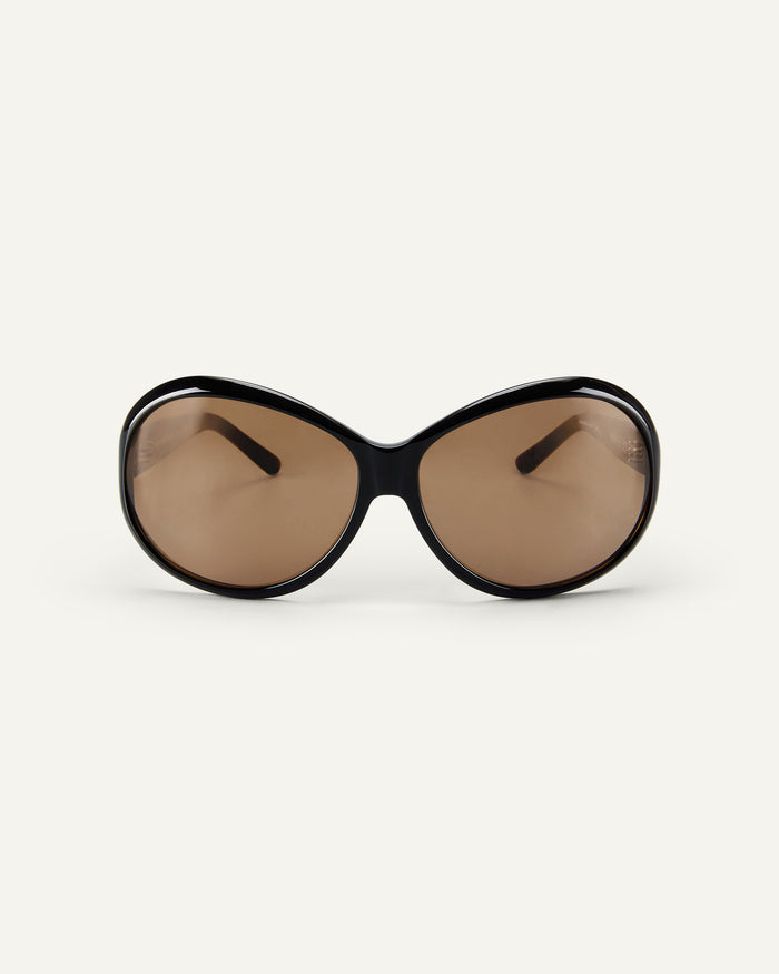 Face shot of Bonnie Clyde Princessa sunglasses in black with brown lenses.