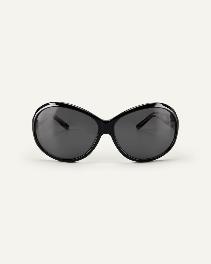 Face shot of Bonnie Clyde Princessa sunglasses in black with black lenses.