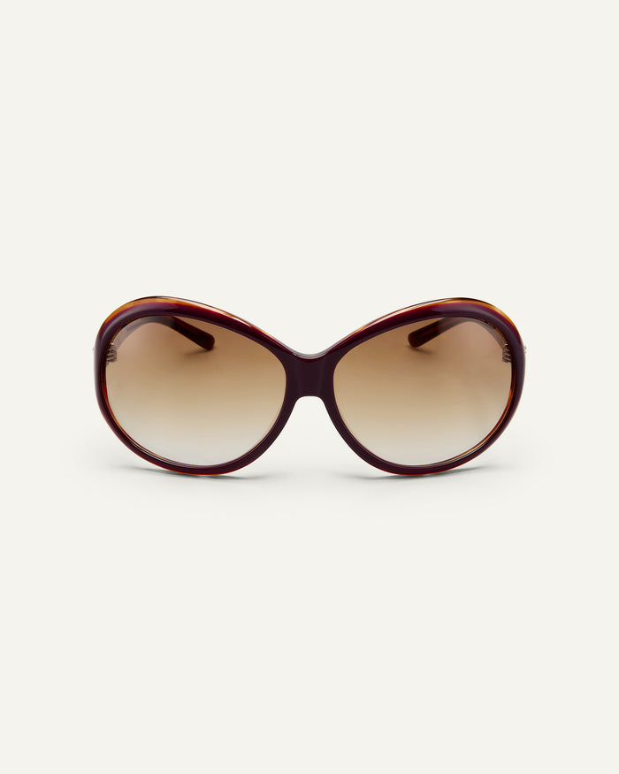 Face shot of Bonnie Clyde Princessa sunglasses in layered purple and brown with brown gradient lenses.