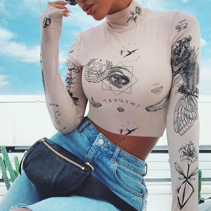 Printed Knit Long Sleeve Crop Top