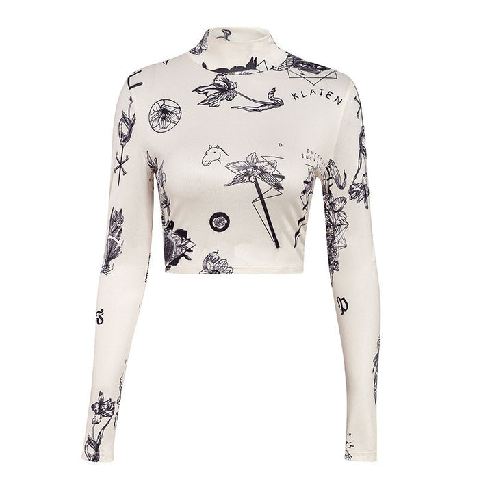 Printed Knit Long Sleeve Crop Top