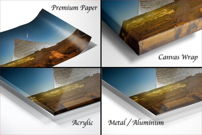 The image is a collage of four different images, each depicting a landscape scene. The images are labeled as "Premium Paper", "Canvas Wrap", "Acrylic", and "Metal/Aluminum".