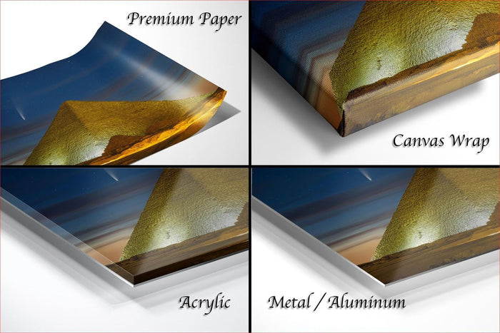 The image is a collage of four different types of materials used for printing or framing artwork, including premium paper, canvas wrap, acrylic, and metal/aluminum.