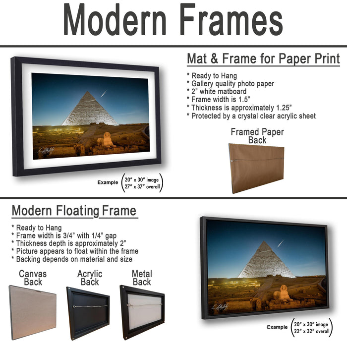 The image is a collage of two framed pictures, one of a pyramid and one of a desert landscape. The framed picture is a mat and frame for a paper print, while the other is a modern floating frame.