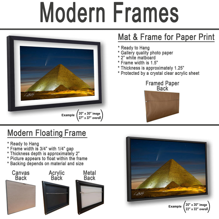 The image is a collage of two framed pictures, one of a pyramid and one of a sunset. The framed picture is a mat and frame for a paper print, while the other is a modern floating frame.