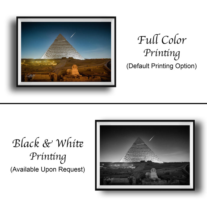 The image is a collage of two framed photographs. The top photograph is a full-color print of the Great Pyramid of Giza, while the bottom photograph is a black and white print of the same pyramid. Both images feature the same pyramid, but with different color tones. The text below the images indicates that the full-color print is available upon request.