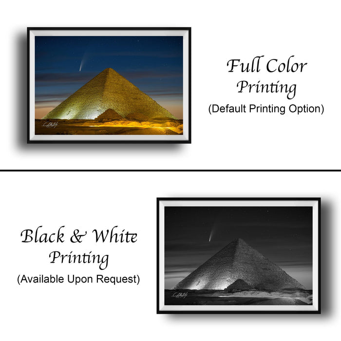 The image is a collage of two framed pictures, one in black and white and the other in full color. The black and white picture depicts a pyramid, while the full color picture shows the same pyramid in a more vibrant palette. Both pictures feature the same pyramid, but the full color version has a more striking contrast between the pyramid and the sky.