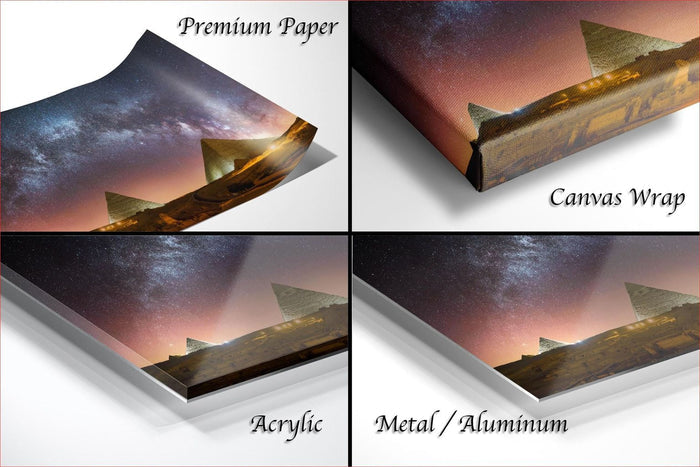 The image is a collage of four different views of a night sky with a pyramid-shaped structure, each with a different description: "Premium Paper", "Canvas Wrap", "Acrylic", and "Metal/Aluminum".