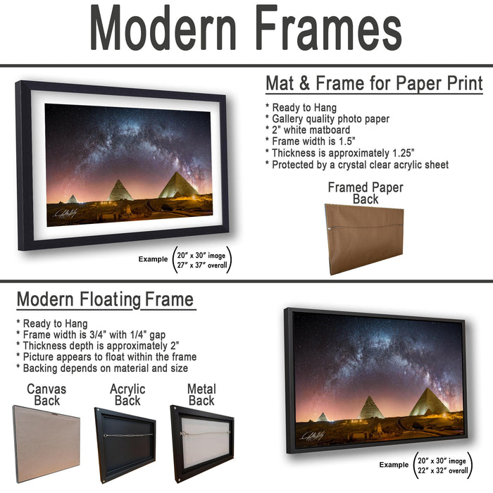 The image is a collage of three framed pictures, each depicting a different scene. The first frame shows a night sky with a starry sky, the second frame depicts a desert landscape with a pyramid, and the third frame features a cityscape with a tall building. The frames are designed to hang on a wall and are available in various materials and sizes.