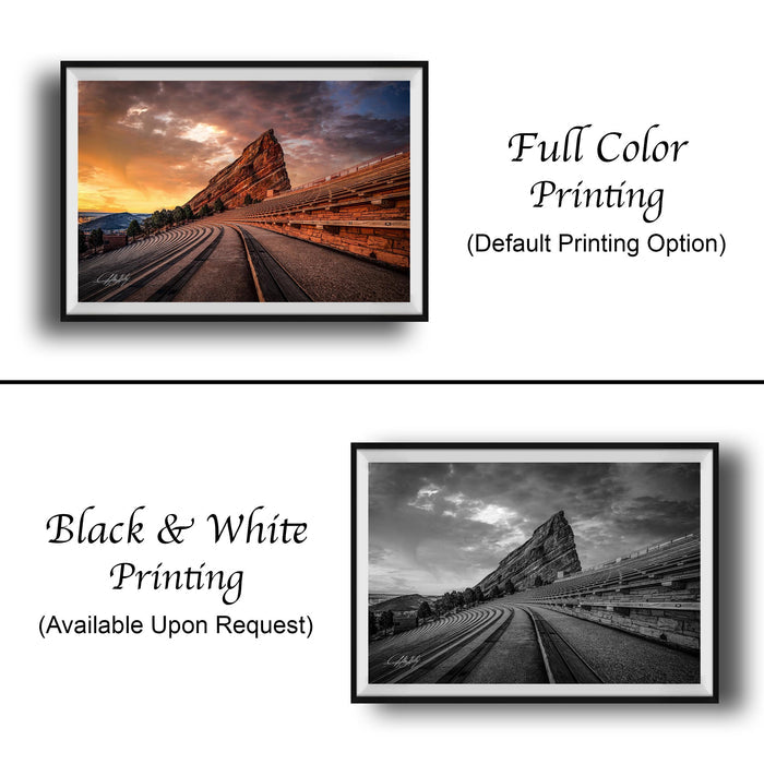 The image is a collage of two framed photographs. The top photograph is a full color print of a scenic landscape with a mountain and a stadium, while the bottom photograph is a black and white print of the same landscape. Both photographs are framed and available upon request.