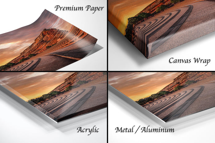The image is a collage of four different images, each depicting a landscape with a winding road or path. The images are labeled as "Premium Paper", "Canvas Wrap", "Acrylic", and "Metal/Aluminum".