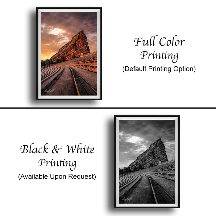 The image is a collage of two framed pictures. The top picture is a full color print of a scenic landscape with a mountain, while the bottom picture is a black and white print of the same landscape. Both pictures are framed and available upon request.