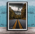 a winding road surrounded by lush green trees and a dramatic cloudy sky in the background.
