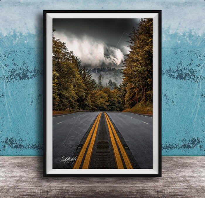 a winding road surrounded by lush green trees and a dramatic cloudy sky in the background.