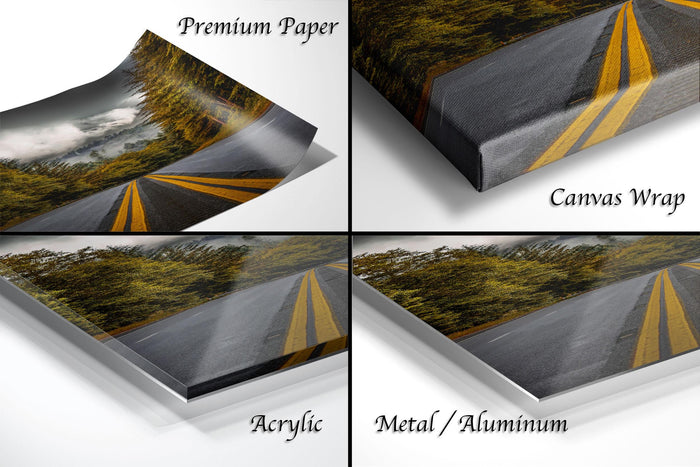 The image is a collage of four different views of a road with trees, showcasing the different materials used to print the artwork.