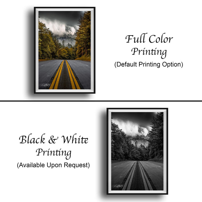 The image is a collage of two framed pictures. The top picture is a black and white photograph of a road with yellow lines, while the bottom picture is a full color photograph of the same road. The text below the images indicates that the full color version is available upon request.