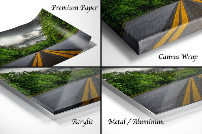 The image is a collage of four different views of a road with trees, showcasing the different materials used to print the artwork.