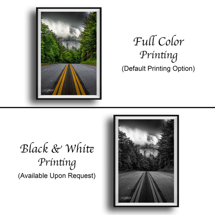 The image is a collage of two framed pictures. The top picture is a black and white photograph of a road with yellow lines, while the bottom picture is a full color photograph of the same road. The bottom picture also includes text that says "Full Color Printing (Default Printing Option)" and "Black & White Printing (Available Upon Request)".