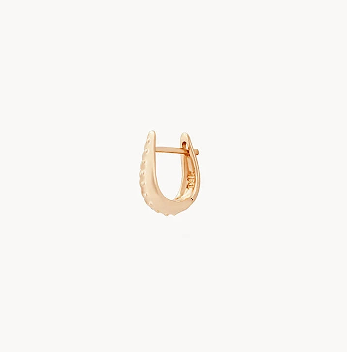 Restoration Mini Hoop in 14k yellow gold, single earring detail view