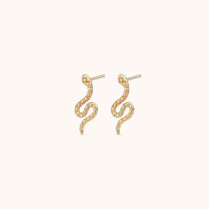Revival Dainty Snake Earrings in 14k yellow gold, alternate angle detail view 2