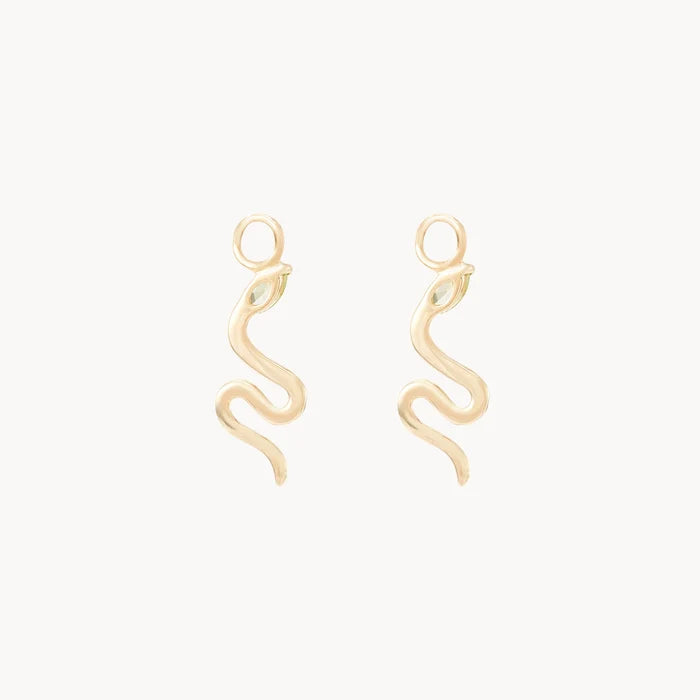 Revival Snake Green Tourmaline Earring Charm in 10k yellow gold with natural green tourmaline gemstone, alternate angle detail view