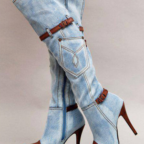 Rhinestone Skull-Toe Over-the-Knee Stiletto Boots
