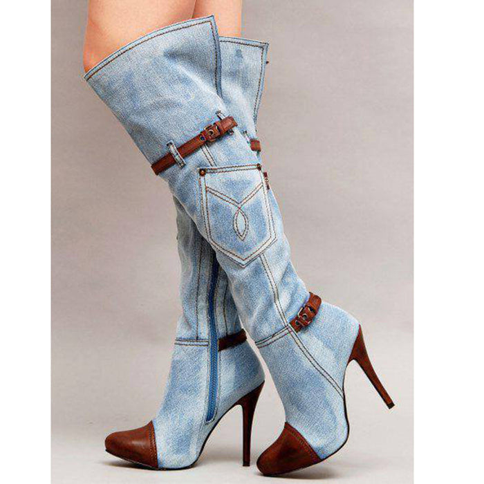 Rhinestone Skull-Toe Over-the-Knee Stiletto Boots