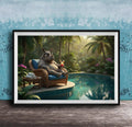 A whimsical scene featuring a rhinoceros sitting in a wicker chair by a pool, surrounded by lush tropical foliage and flowers.