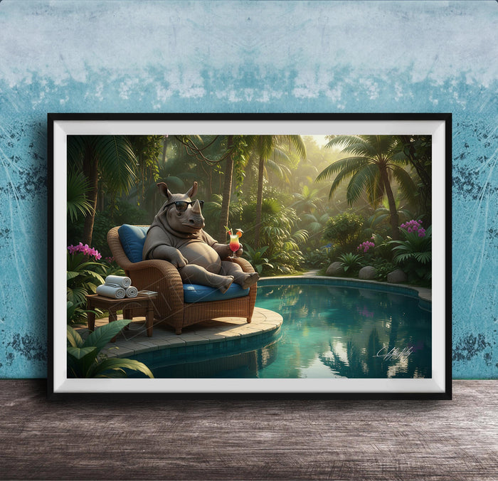 A whimsical scene featuring a rhinoceros sitting in a wicker chair by a pool, surrounded by lush tropical foliage and flowers.