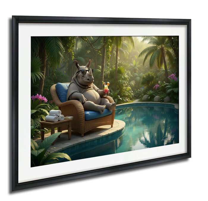 A rhinoceros sitting in a wicker chair by a pool, surrounded by lush greenery and palm trees, with a drink in its hand.