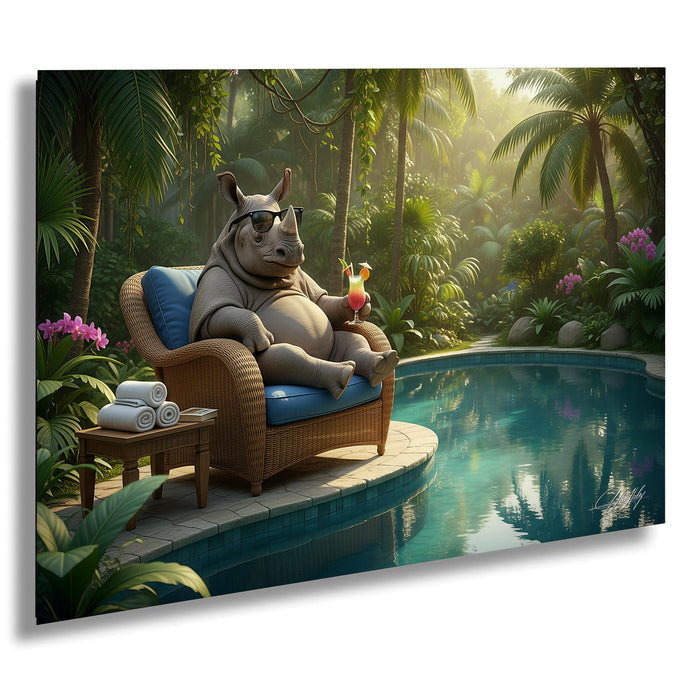 A cartoon rhinoceros sitting in a wicker chair by a pool, surrounded by tropical foliage and flowers.