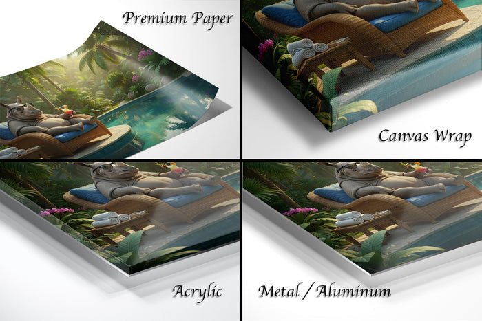 The image is a collage of four different images, each depicting a rhinoceros lounging on a chair in a tropical setting. The images are labeled as "Premium Paper", "Canvas Wrap", "Acrylic", and "Metal/Aluminum".