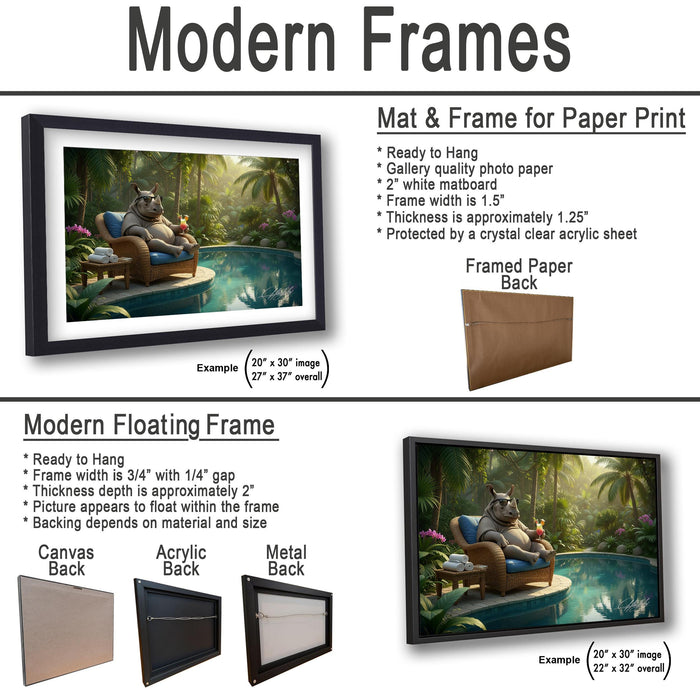 The image is a collage of two framed artworks, one depicting a floating frame with a cartoon character and the other showing a mat and frame for paper print.