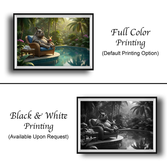 The image is a collage of two framed pictures. The top picture features a cartoon character sitting in a chair by a pool, while the bottom picture depicts a black and white image of a similar cartoon character sitting in a chair by a pool. The text below the images indicates that the full color printing is available upon request.