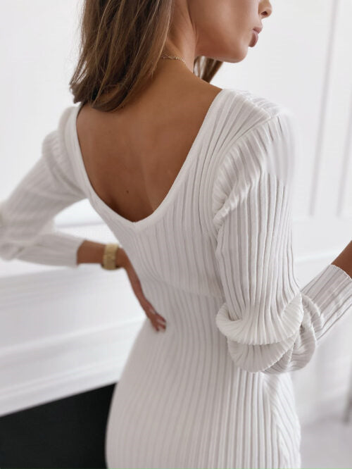 Ribbed Low-Cut V-Neck Long Sleeve Bodycon Dress