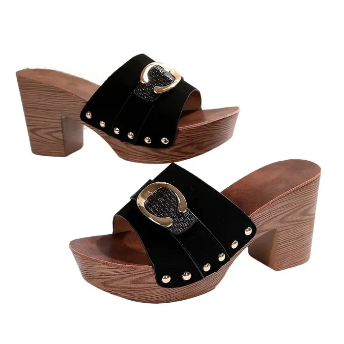 Rivet-Detail Peep-Toe Square Heel Sandals – High Heel Summer Pumps