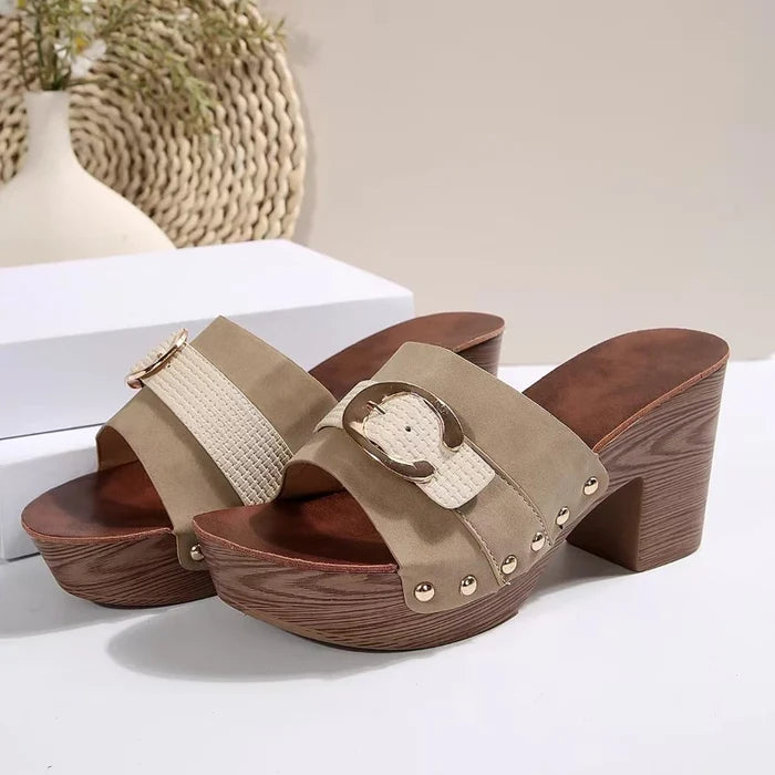 Rivet-Detail Peep-Toe Square Heel Sandals – High Heel Summer Pumps