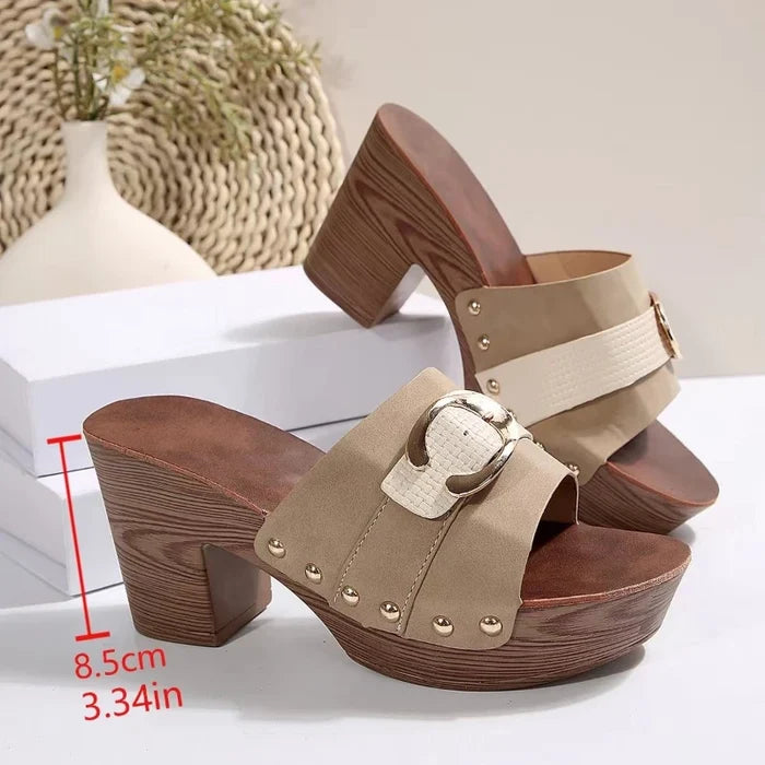 Rivet-Detail Peep-Toe Square Heel Sandals – High Heel Summer Pumps