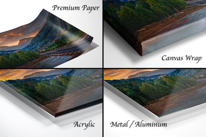 The image is a collage of four different views of a landscape photograph, including a close-up of the paper, a close-up of the canvas wrap, and a close-up of the metal or aluminum finish.