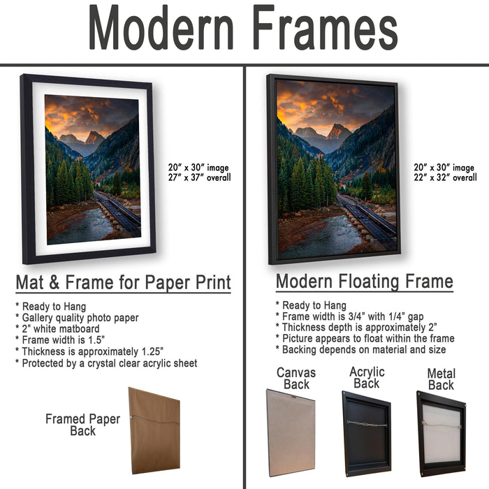 The image is a comparison of modern framed prints and modern floating frames for a landscape photograph. It displays two framed prints and two framed floating frames, each with different characteristics and features.